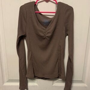 Elegant Brown Ribbed V-Neck Blouse